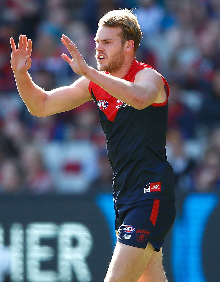AFL 2016 Rd 19 - Melbourne v Gold Coast MELBOURNE, AUSTRALIA - JULY 31: Jack Watts of the Demons celebrates a goal during the 2016 AFL Round 19 match between the Melbourne Demons and the Gold Coast Suns at the Melbourne Cricket Ground on July 31, 2016 in Melbourne, Australia. (Photo by Adam Trafford/AFL Media)